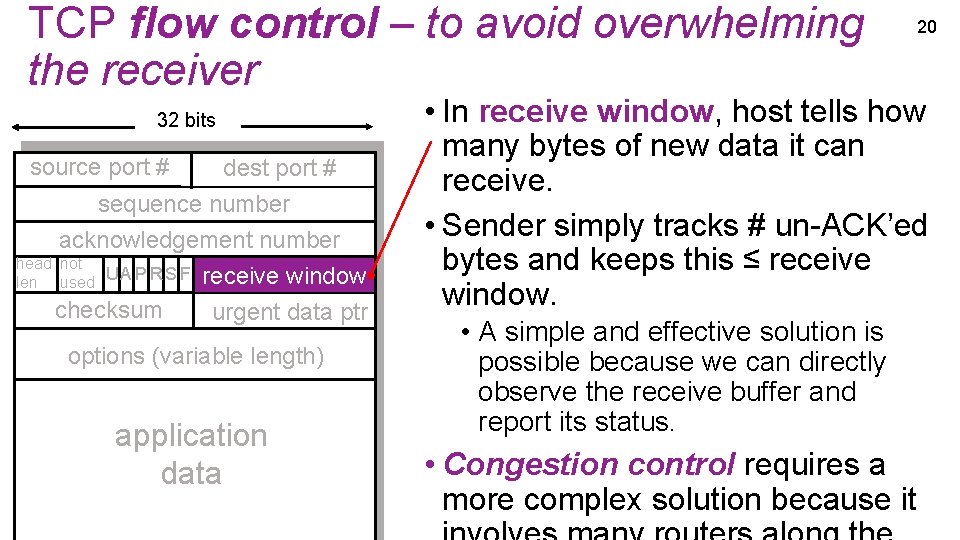 TCP flow control – to avoid overwhelming the receiver 32 bits source port # TCP flow control – to avoid overwhelming the receiver 32 bits source port #