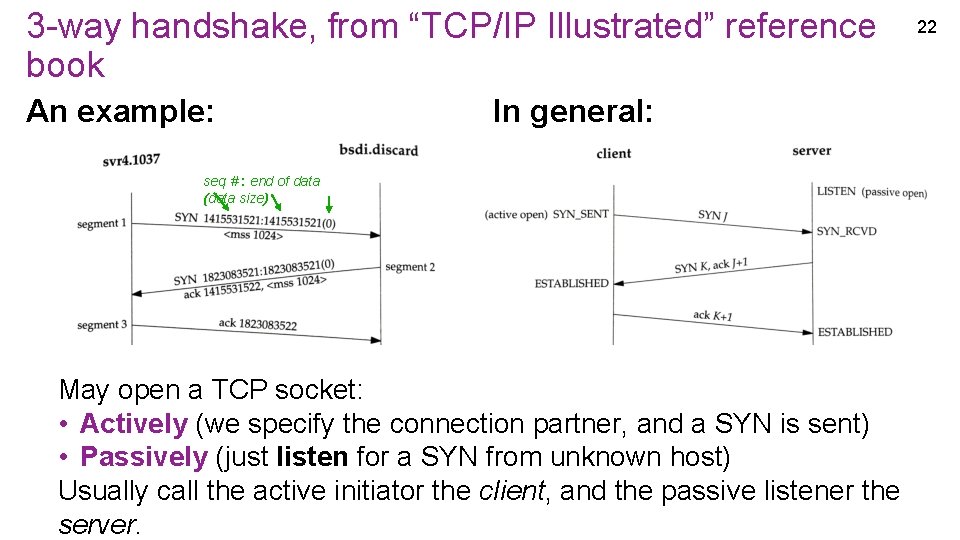3 -way handshake, from “TCP/IP Illustrated” reference book An example: In general: seq # 3 -way handshake, from “TCP/IP Illustrated” reference book An example: In general: seq #