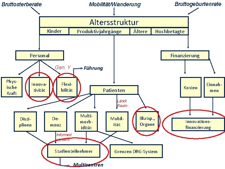 Bruttogeburtenrate Mobilität/Wanderung Bruttosterberate Altersstruktur Kinder Produktivjahrgänge Ältere Hochbetagte Personal Finanzierung Gen. Y Phys ische