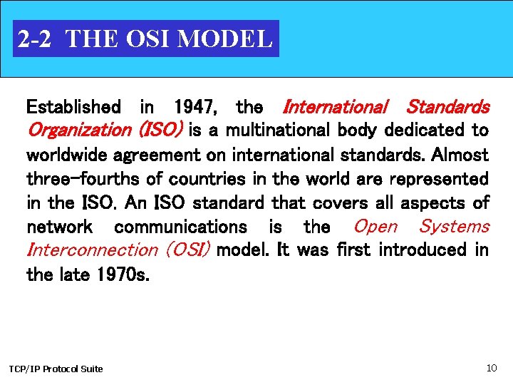 2 -2 THE OSI MODEL Established in 1947, the International Standards Organization (ISO) is