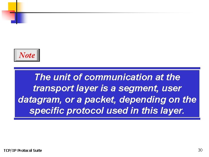 Note The unit of communication at the transport layer is a segment, user datagram,