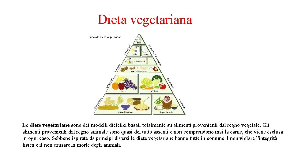 Dieta vegetariana Le diete vegetariane sono dei modelli dietetici basati totalmente su alimenti provenienti