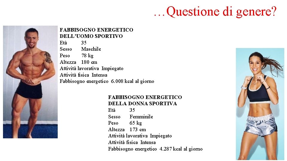 …Questione di genere? FABBISOGNO ENERGETICO DELL’UOMO SPORTIVO Età 35 Sesso Maschile Peso 78 kg