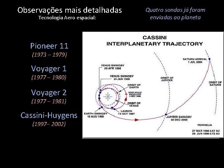 Observações mais detalhadas Tecnologia Aero espacial: Pioneer 11 (1973 – 1979) Voyager 1 (1977