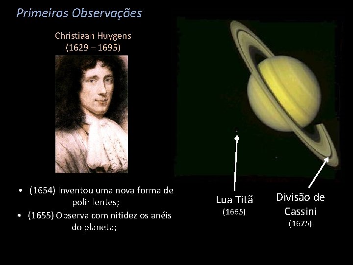 Primeiras Observações Christiaan Huygens (1629 – 1695) • (1654) Inventou uma nova forma de