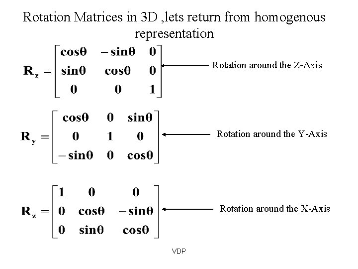 Rotation Matrices in 3 D , lets return from homogenous representation Rotation around the