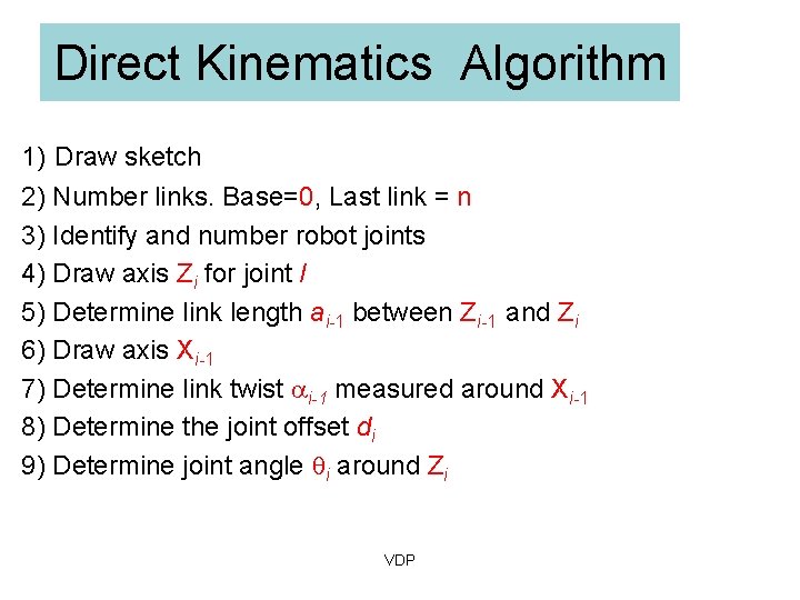 Direct Kinematics Algorithm 1) Draw sketch 2) Number links. Base=0, Last link = n