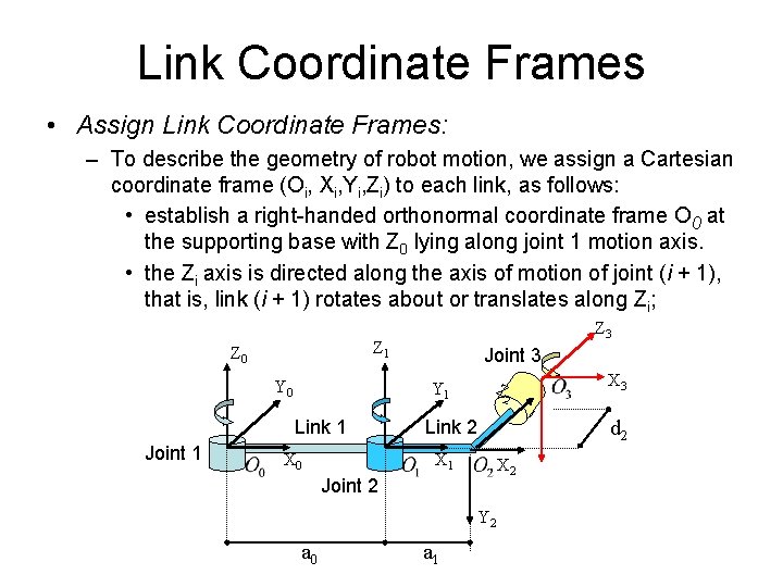 Link Coordinate Frames • Assign Link Coordinate Frames: – To describe the geometry of