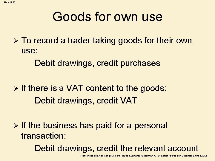 Slide 28. 22 Goods for own use Ø To record a trader taking goods