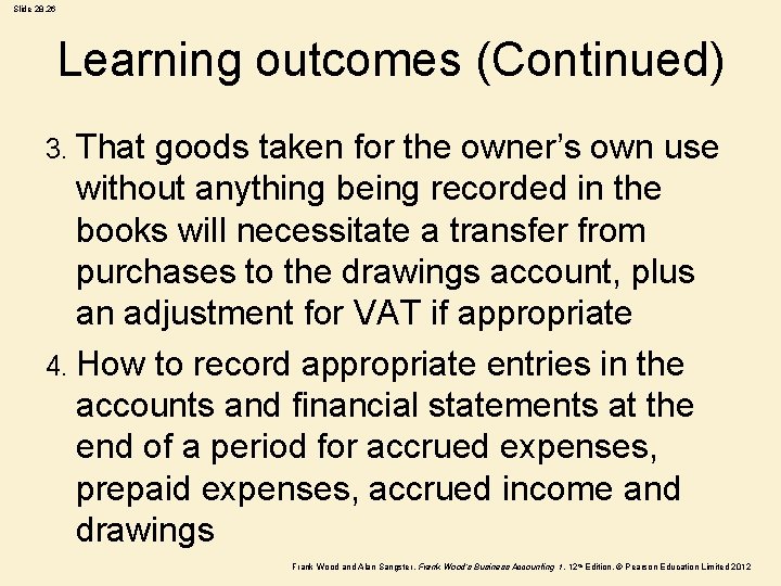 Slide 28. 26 Learning outcomes (Continued) 3. That goods taken for the owner’s own