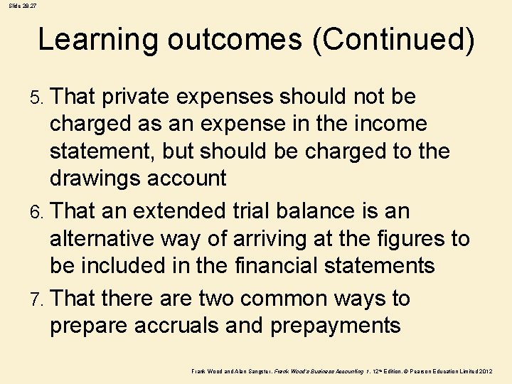 Slide 28. 27 Learning outcomes (Continued) 5. That private expenses should not be charged