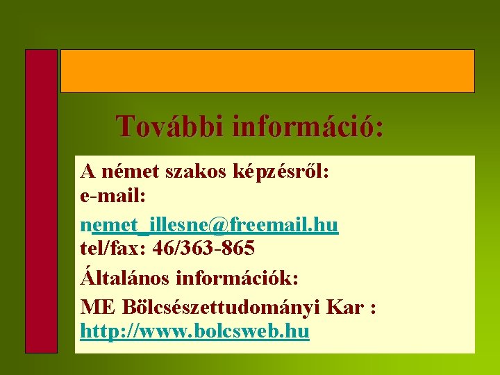 További információ: A német szakos képzésről: e-mail: nemet_illesne@freemail. hu tel/fax: 46/363 -865 Általános információk: