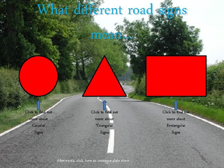 What different road signs mean… Click to find out more about Circular Signs Click