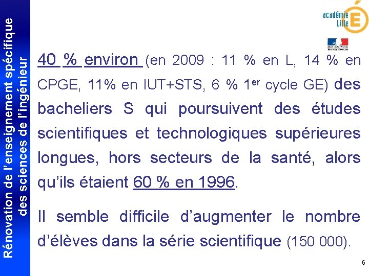 Rénovation de l’enseignement spécifique des sciences de l’ingénieur 40 % environ (en 2009 :