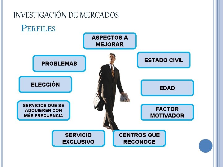 INVESTIGACIÓN DE MERCADOS PERFILES ASPECTOS A MEJORAR PROBLEMAS ELECCIÓN ESTADO CIVIL EDAD SERVICIOS QUE