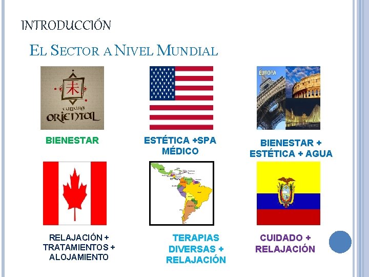 INTRODUCCIÓN EL SECTOR A NIVEL MUNDIAL BIENESTAR RELAJACIÓN + TRATAMIENTOS + ALOJAMIENTO ESTÉTICA +SPA