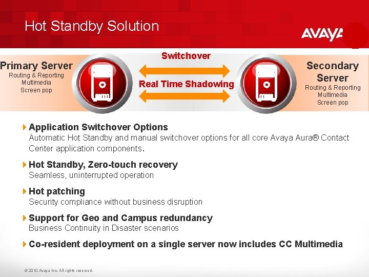 Hot Standby Solution Switchover Primary Server Routing & Reporting Multimedia Screen pop Real Time