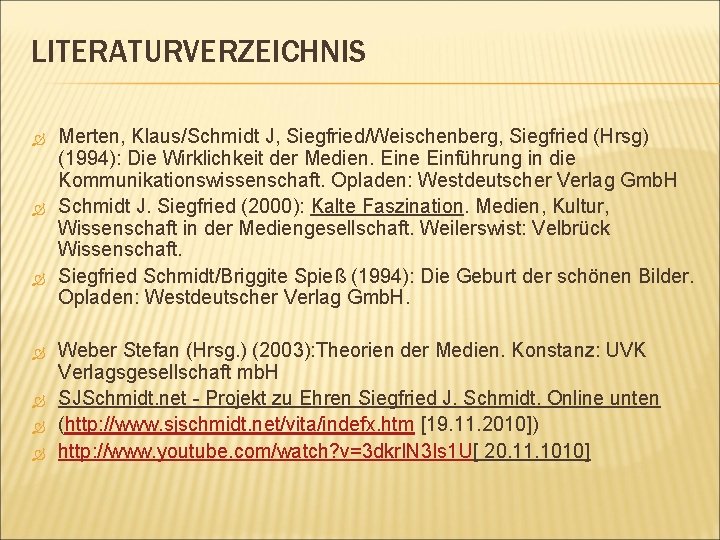 LITERATURVERZEICHNIS Merten, Klaus/Schmidt J, Siegfried/Weischenberg, Siegfried (Hrsg) (1994): Die Wirklichkeit der Medien. Eine Einführung