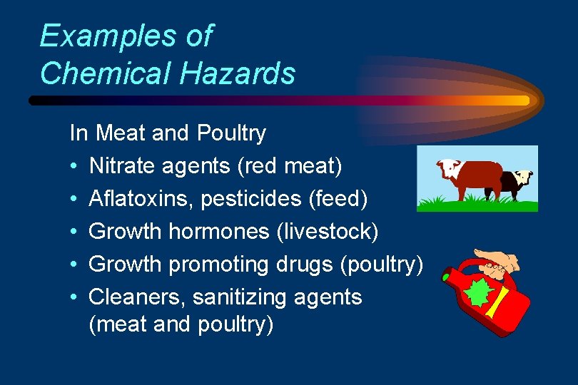 Examples of Chemical Hazards In Meat and Poultry • Nitrate agents (red meat) •