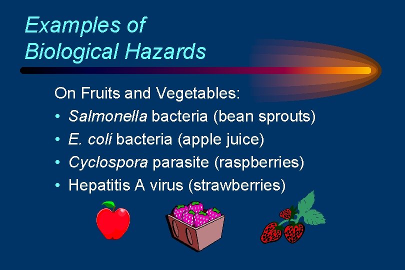 Examples of Biological Hazards On Fruits and Vegetables: • Salmonella bacteria (bean sprouts) •