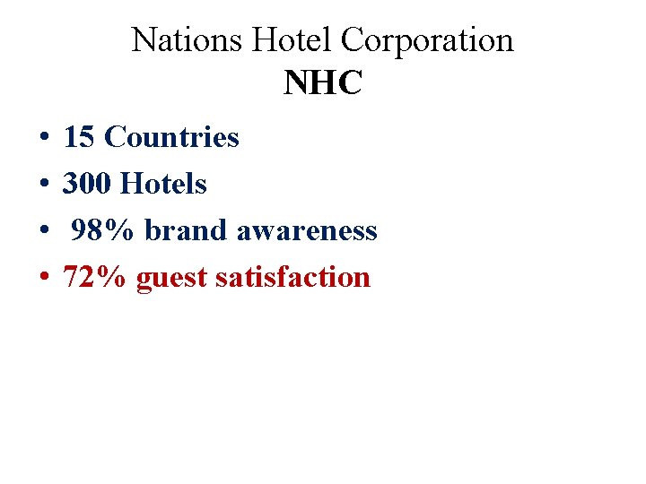 Nations Hotel Corporation NHC • • 15 Countries 300 Hotels 98% brand awareness 72%
