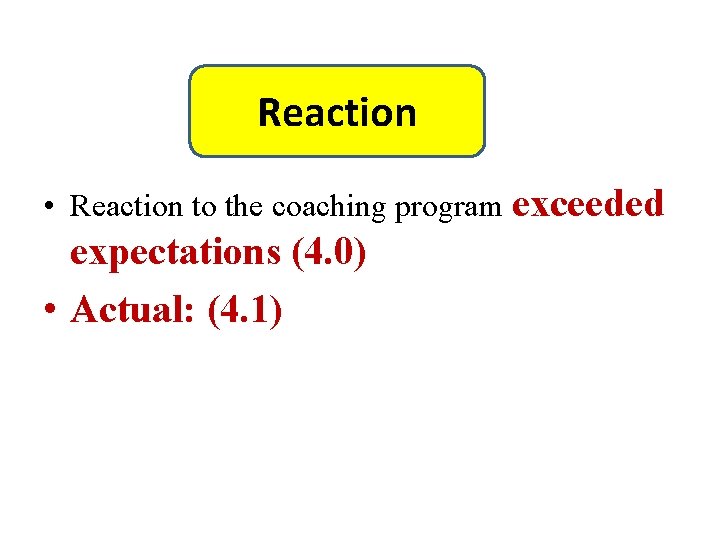 Reaction • Reaction to the coaching program exceeded expectations (4. 0) • Actual: (4.