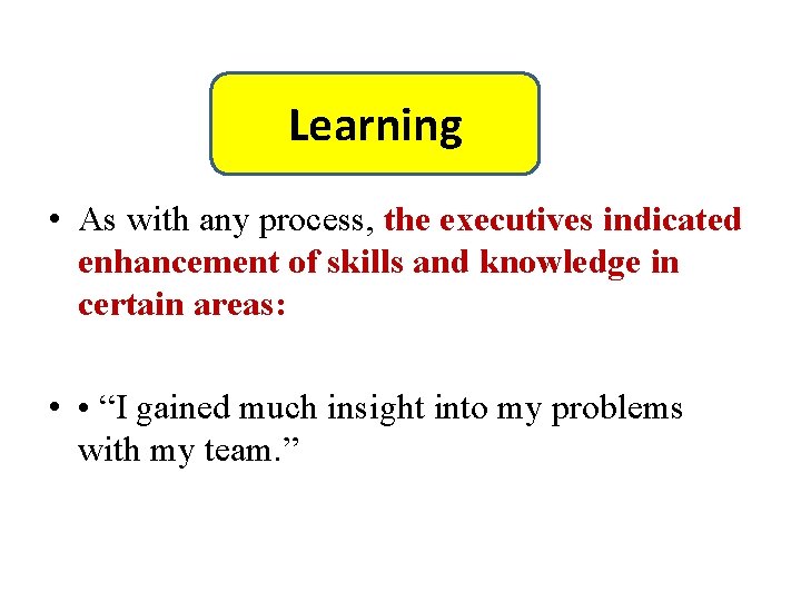 Learning • As with any process, the executives indicated enhancement of skills and knowledge