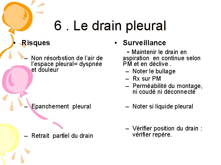 6. Le drain pleural • Risques – Non résorbstion de l’air de l’espace pleural=