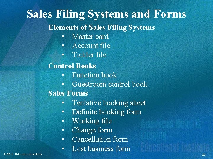 Sales Filing Systems and Forms Elements of Sales Filing Systems • Master card • Sales Filing Systems and Forms Elements of Sales Filing Systems • Master card •