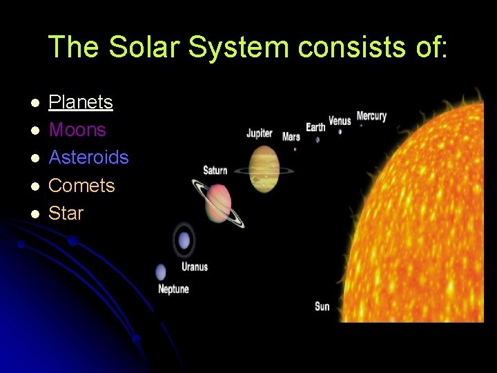 The Solar System consists of: l l l Planets Moons Asteroids Comets Star 