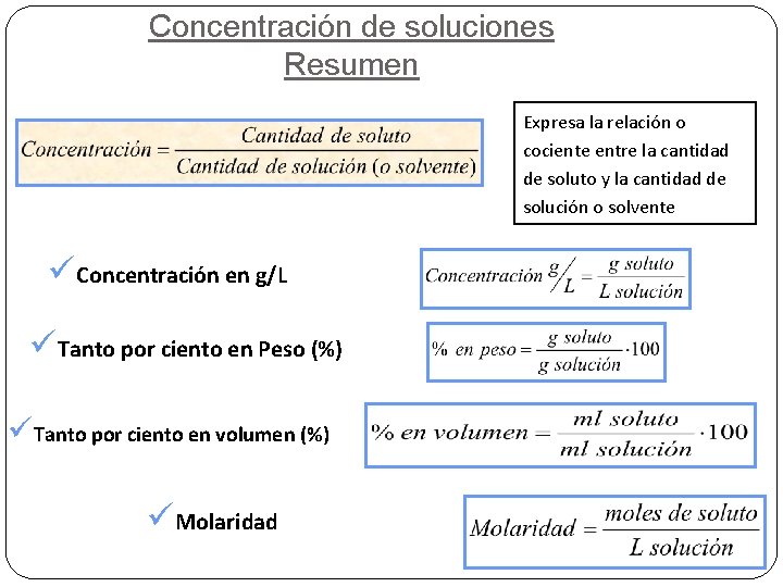 Concentración de soluciones Resumen Expresa la relación o cociente entre la cantidad de soluto