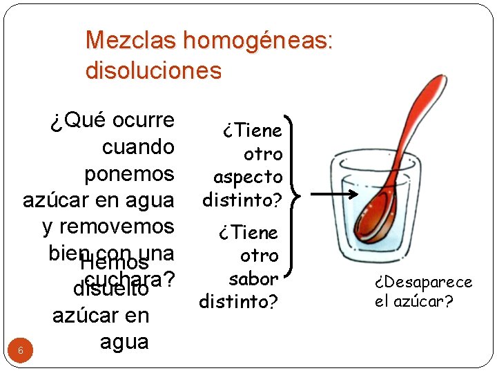 Mezclas homogéneas: disoluciones ¿Qué ocurre cuando ponemos azúcar en agua y removemos bien. Hemos