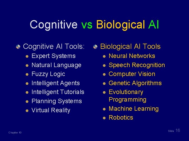 Cognitive vs Biological AI Cognitive AI Tools: l l l l Expert Systems Natural