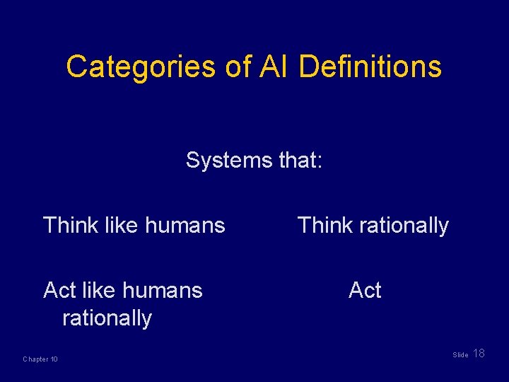 Categories of AI Definitions Systems that: Think like humans Act like humans rationally Chapter