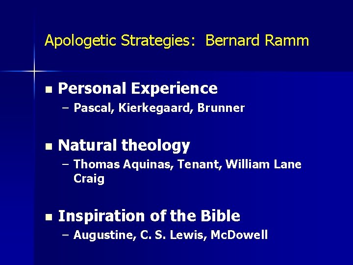 Apologetic Strategies: Bernard Ramm n Personal Experience – Pascal, Kierkegaard, Brunner n Natural theology