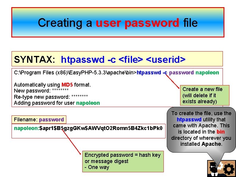 Creating a user password file SYNTAX: htpasswd -c <file> <userid> C: Program Files (x