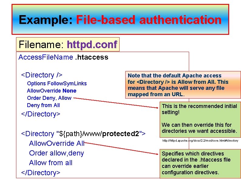 Example: File-based authentication Filename: httpd. conf Access. File. Name. htaccess <Directory /> Options Follow.