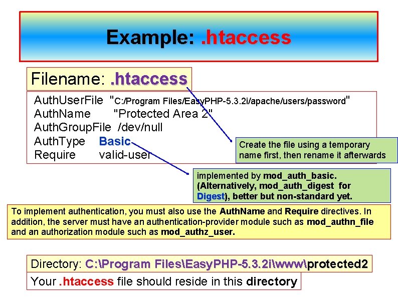 Example: . htaccess Filename: . htaccess Auth. User. File "C: /Program Files/Easy. PHP-5. 3.