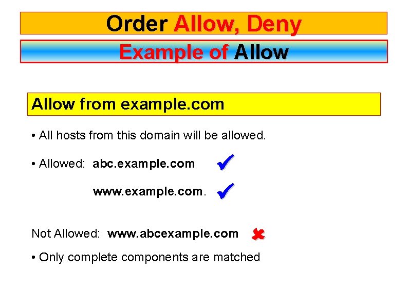 Order Allow, Deny Example of Allow from example. com • All hosts from this