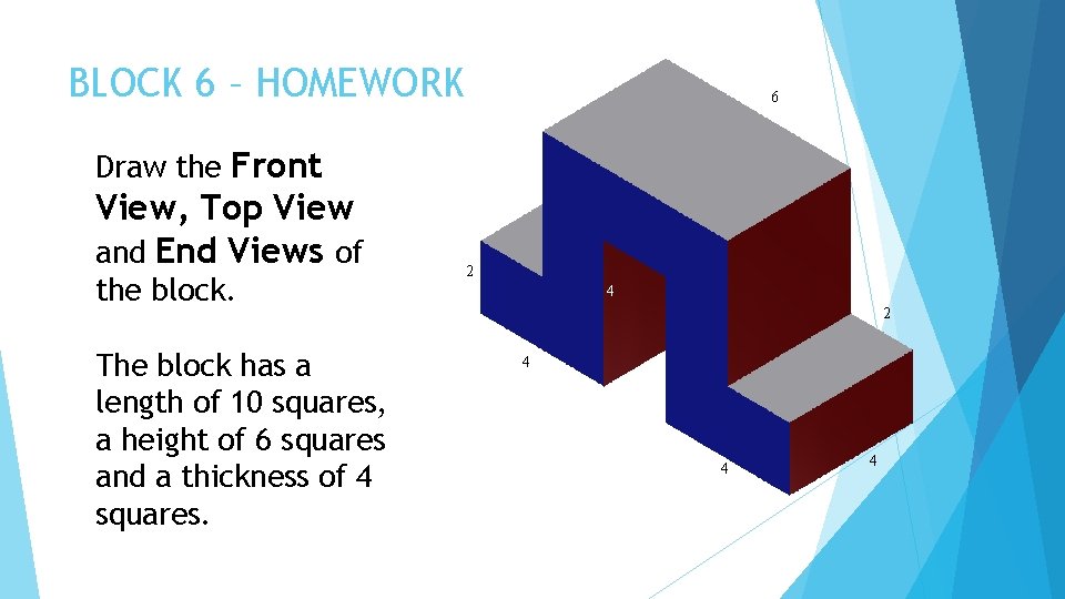 BLOCK 6 – HOMEWORK 6 Draw the Front View, Top View and End Views