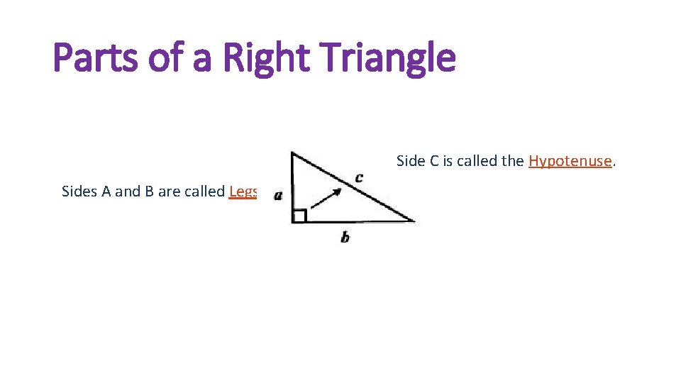 Parts of a Right Triangle Side C is called the Hypotenuse. Sides A and