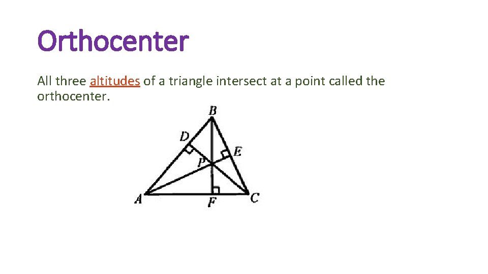 Orthocenter All three altitudes of a triangle intersect at a point called the orthocenter.