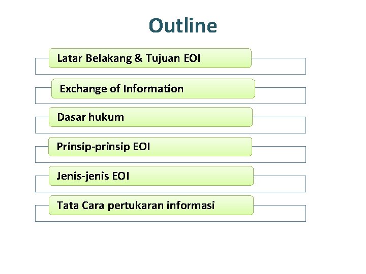 Outline Latar Belakang & Tujuan EOI Exchange of Information Dasar hukum Prinsip-prinsip EOI Jenis-jenis