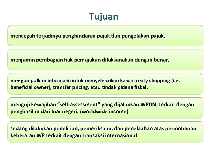 Tujuan mencegah terjadinya penghindaran pajak dan pengelakan pajak, menjamin pembagian hak pemajakan dilaksanakan dengan