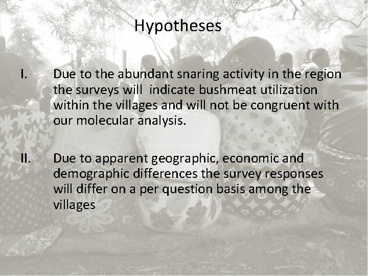 Hypotheses I. Due to the abundant snaring activity in the region the surveys will