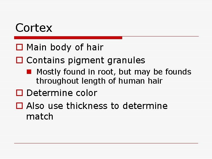 Cortex o Main body of hair o Contains pigment granules n Mostly found in