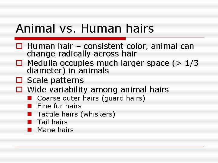 Animal vs. Human hairs o Human hair – consistent color, animal can change radically