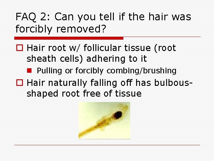 FAQ 2: Can you tell if the hair was forcibly removed? o Hair root