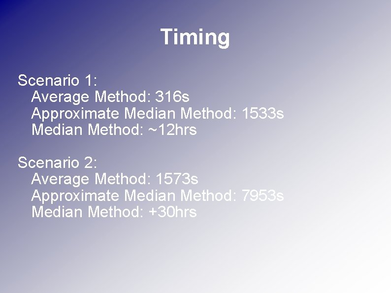 Timing Scenario 1: Average Method: 316 s Approximate Median Method: 1533 s Median Method: