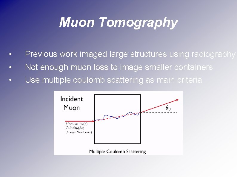 Muon Tomography • Previous work imaged large structures using radiography • Not enough muon